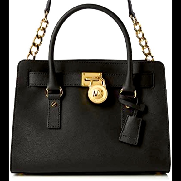 Michael Kors Hamilton Bag Medium Black and Gold - Picture 1 of 8